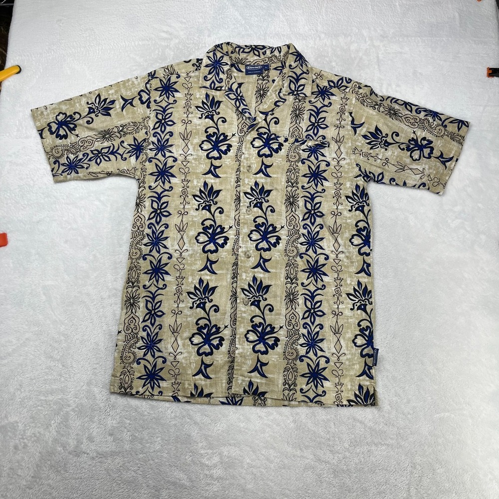 Sideout Camp Shirt Men's Beige Blue Floral Button Up Short Sleeve Aloha - Large
